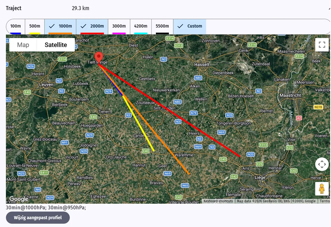 Berekende vaarttrajecten op verschillende hoogtes op de kaart in Quick Release